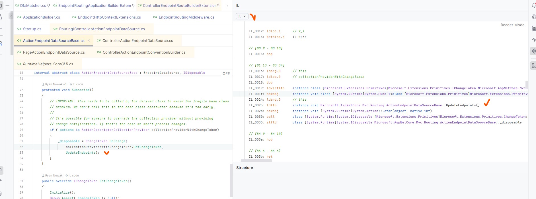 The panel with IL code in `Rider